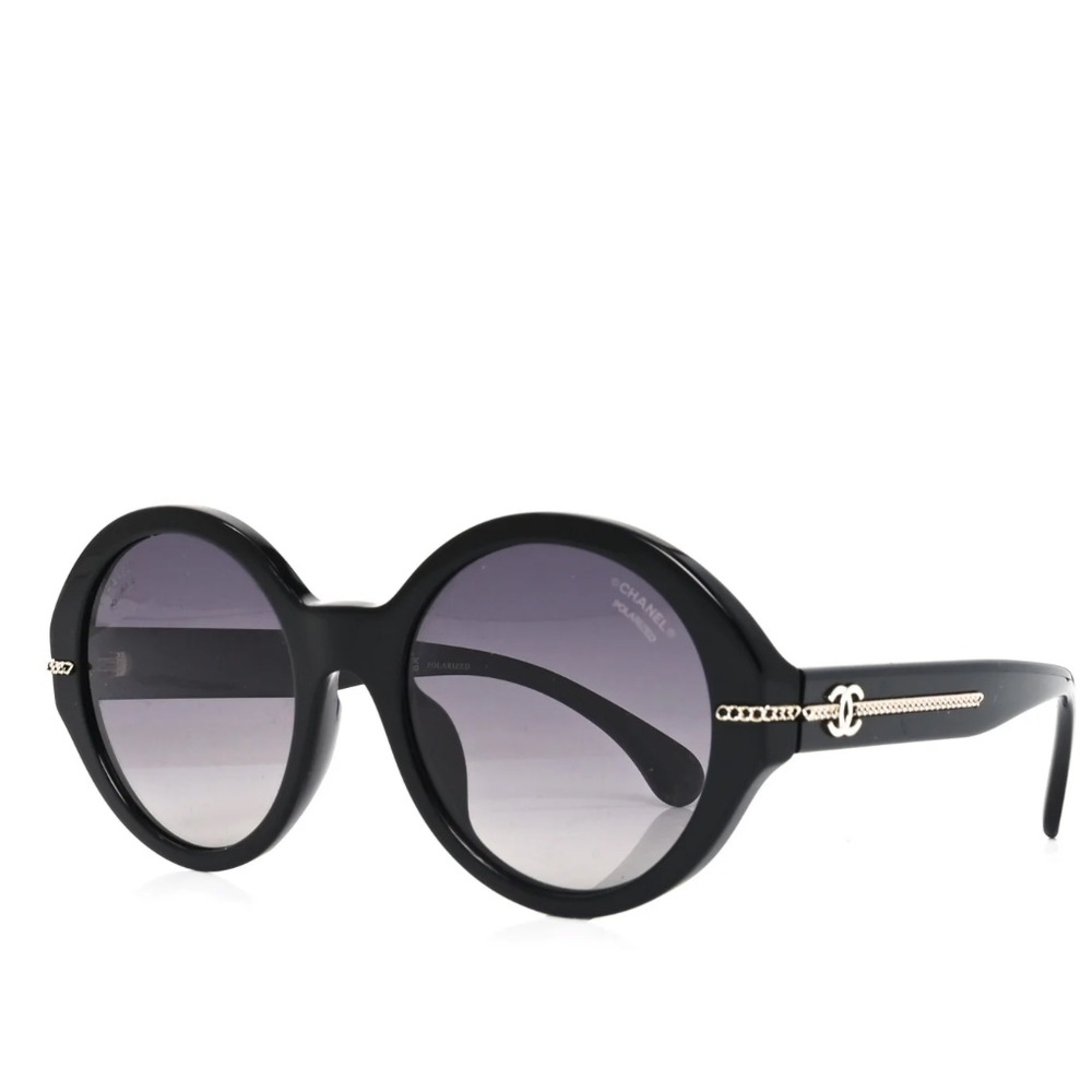 CHANEL Black Round Sunglasses with Gold Accents